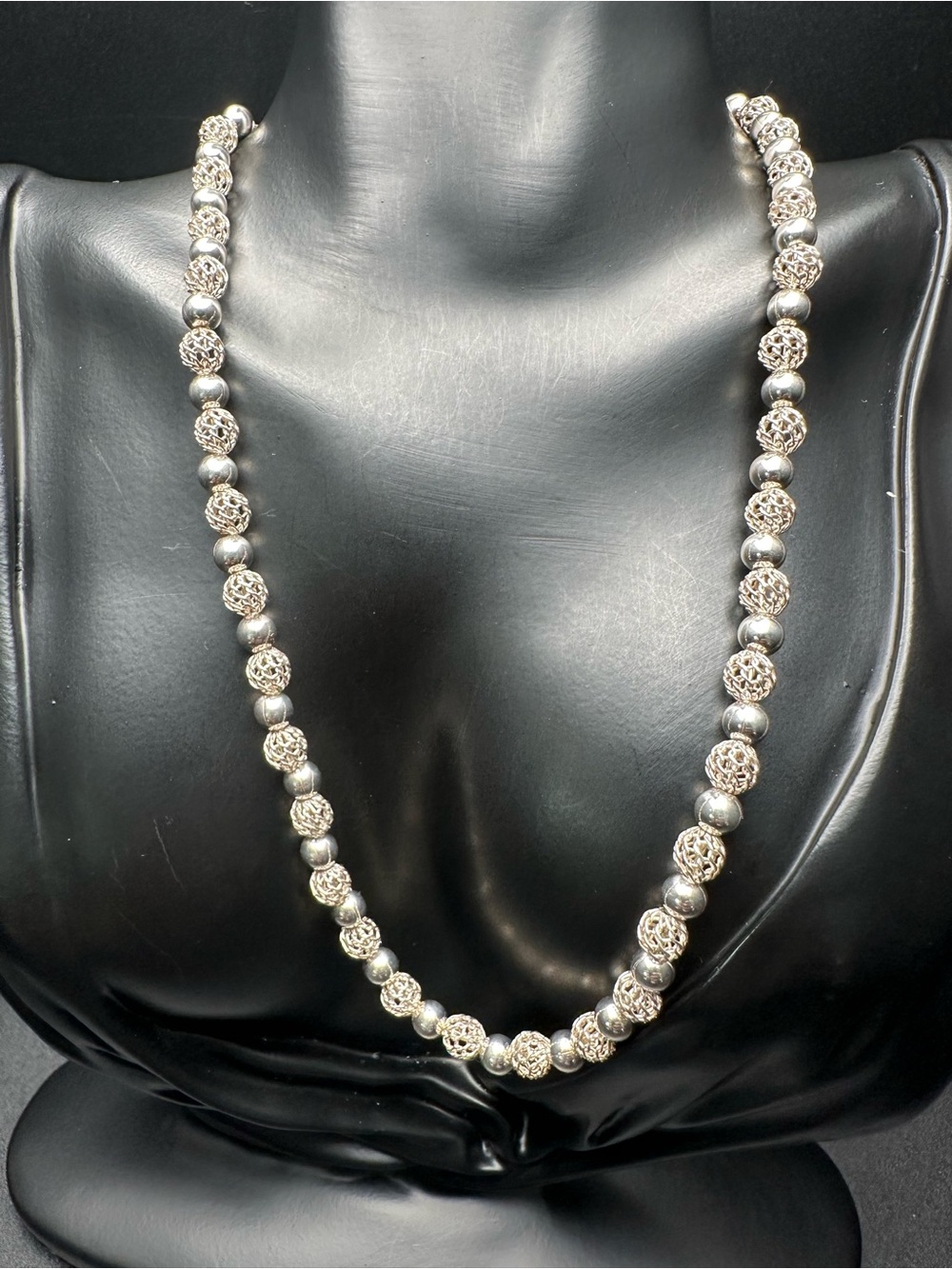 Italian Sterling Silver Woven Mesh & Bead Necklace, High-Polish Finish